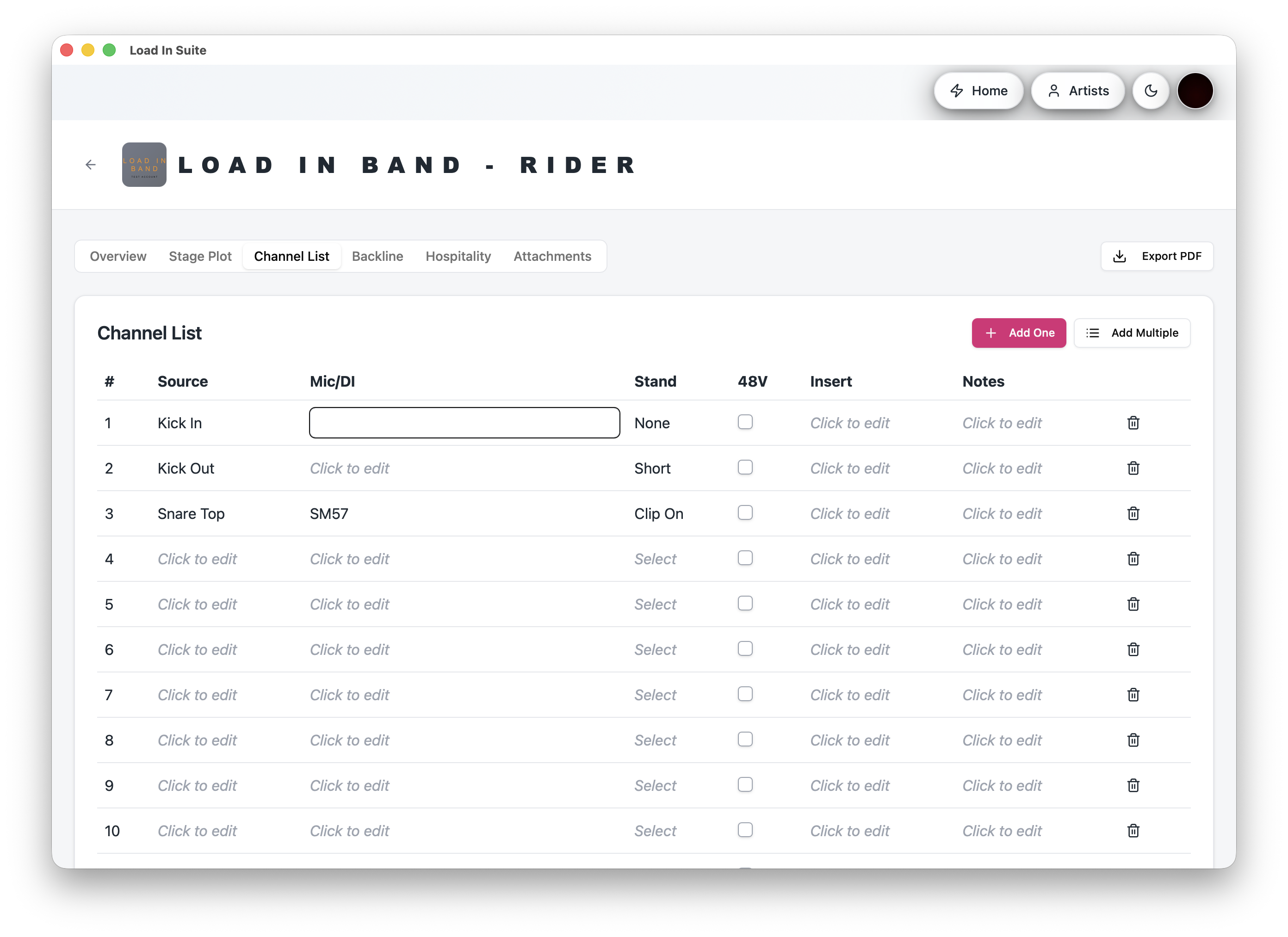 The Load In Suite channel list editor with inline cell editing for source, mic, stand and notes