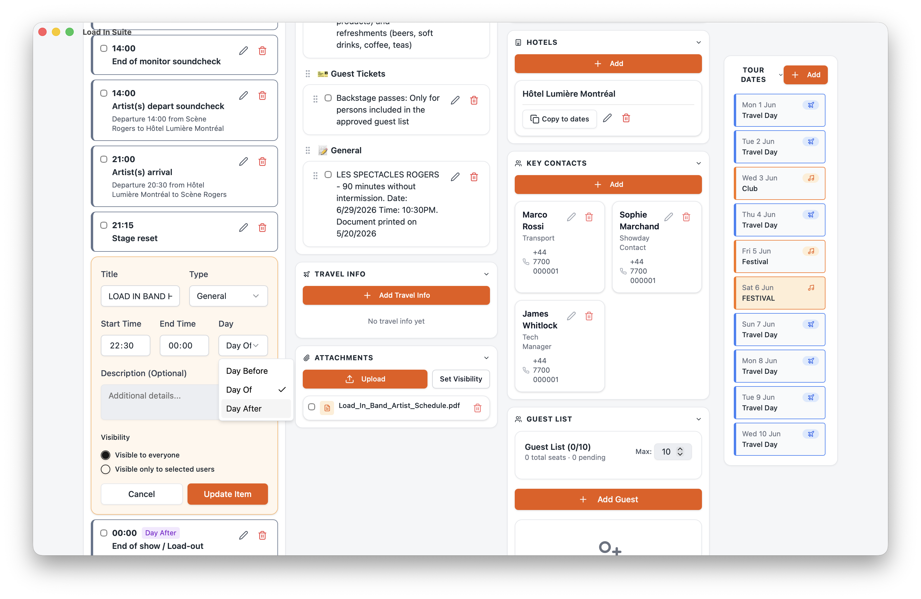 The Load In Suite day-sheet builder — inline editing of schedule items by title, start, end and type