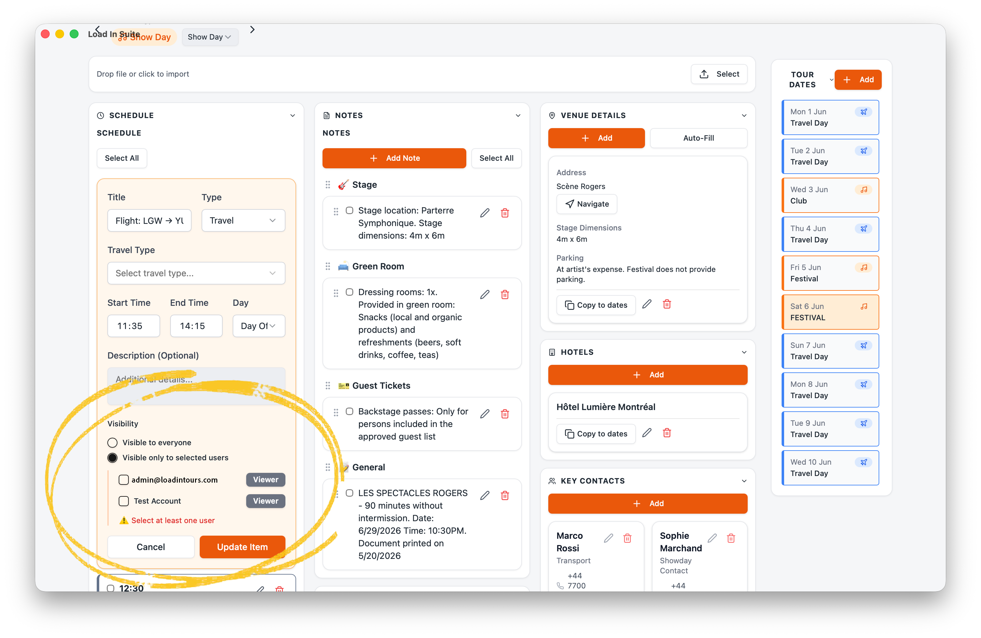 Per-item visibility picker — choose between Everyone and Selected users for each schedule item