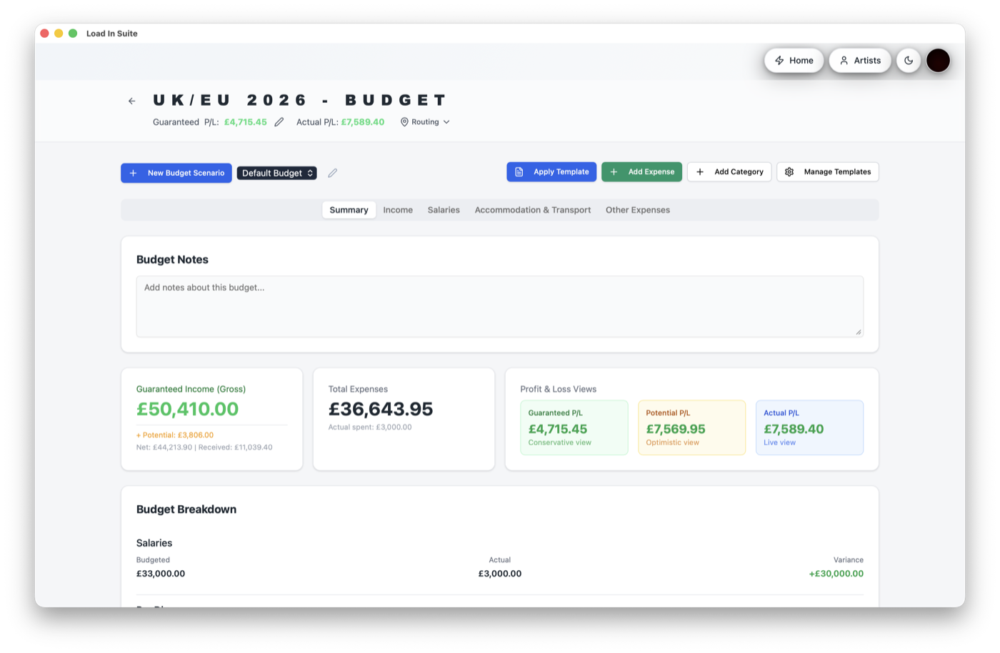 Live profit and loss totals in the Load In Suite budget